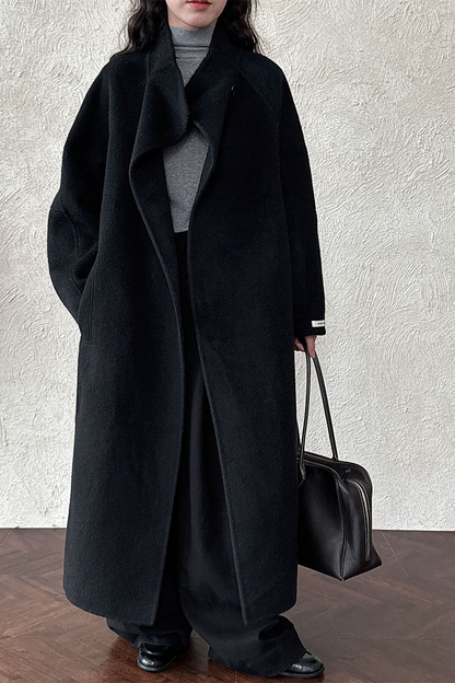Wool Double Faced Diagonal Button Collar Long Overcoat