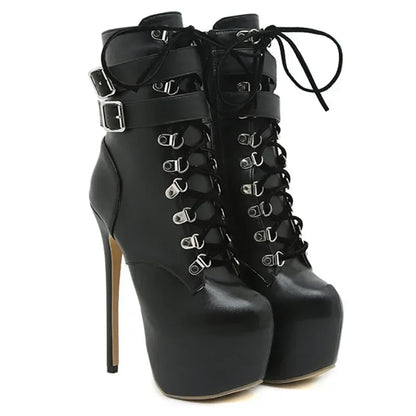 16cm Thin high heel modern metal buckles mid-calf round toes High Heel