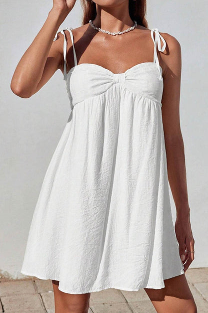 Tie Shoulder Sweetheart Gathered Bust Knot Detail Empire Waist Babydoll Mini Dress