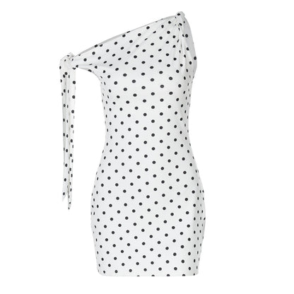 Polka Dot One Shoulder Tie Strap Ruched Bodycon Mini Dress