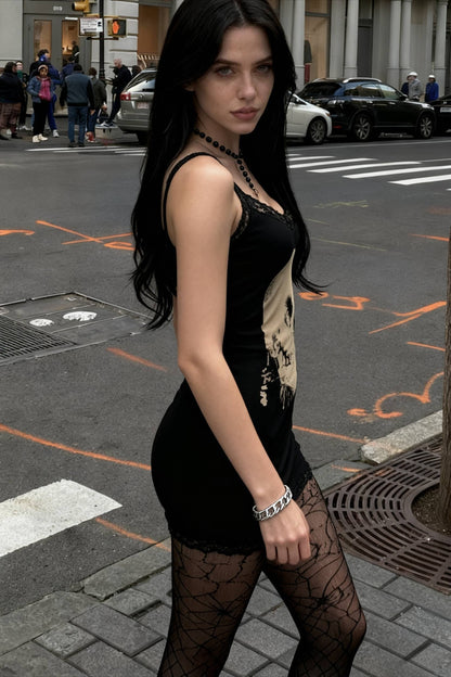 Skull Print Lace Trim Scoop Neck Sleeveless Bodycon Mini Dress