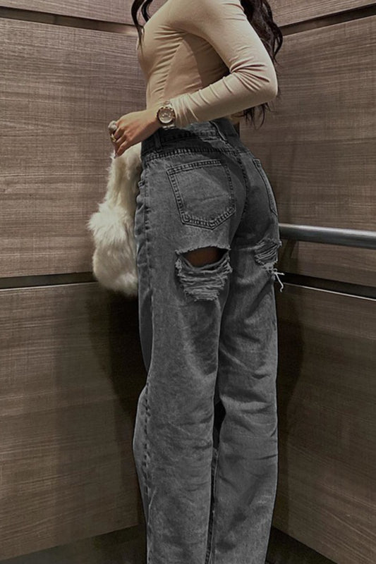High Waist Ripped Slim Denim Straight Jeans