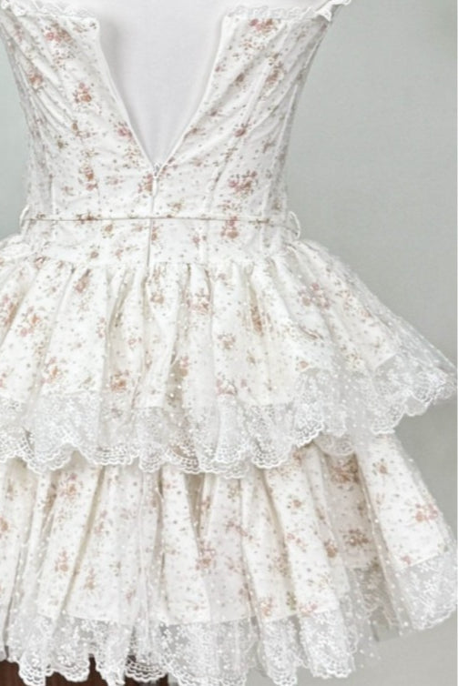 Square Neck Lace Layered Mini Floral Dress