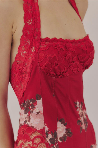 Floral Print Lace Panel Halter Neck High Split Maxi Dress