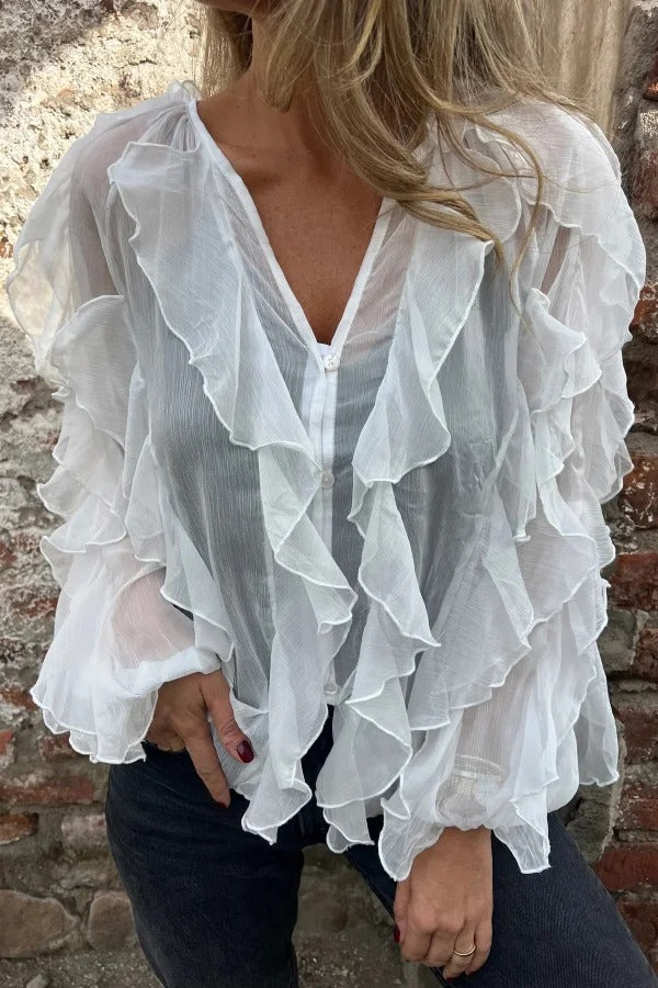 Solid Color Chiffon Ruffled V-neck Patchwork Top