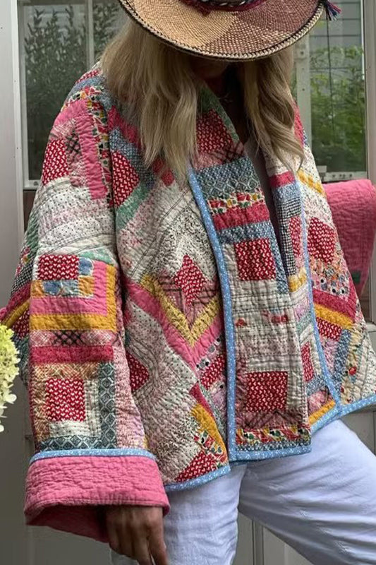 Abrigo casual con cuello de bufanda y estampado geométrico vintage