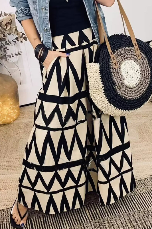 Pantalón de tiro alto tipo A holgado con estampado geométrico de bolsillo completo