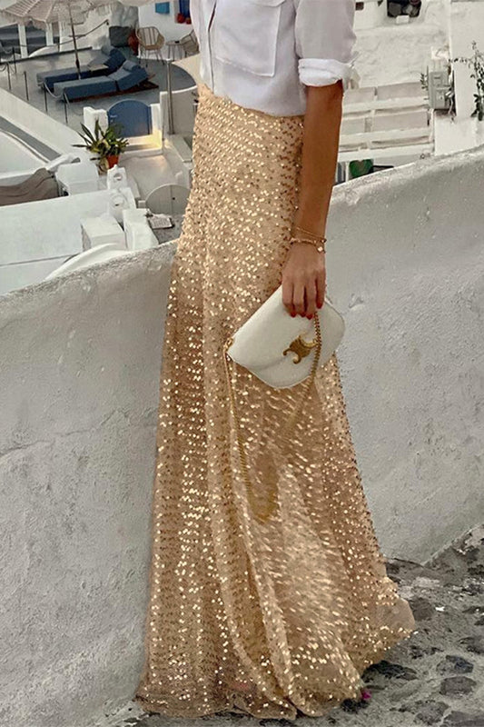 Elegantes pantalones de cintura alta con lentejuelas sólidas