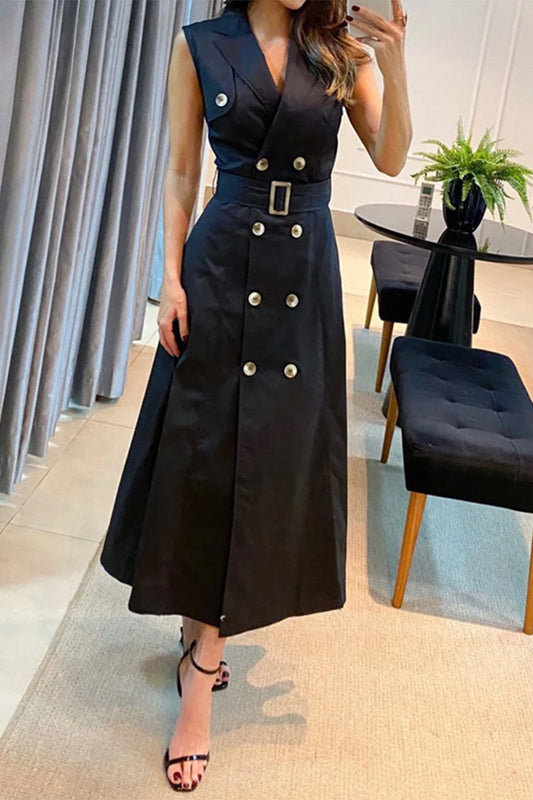 Vestido sin mangas con cuello de pico, botones sólidos y cinturón, elegante para el trabajo