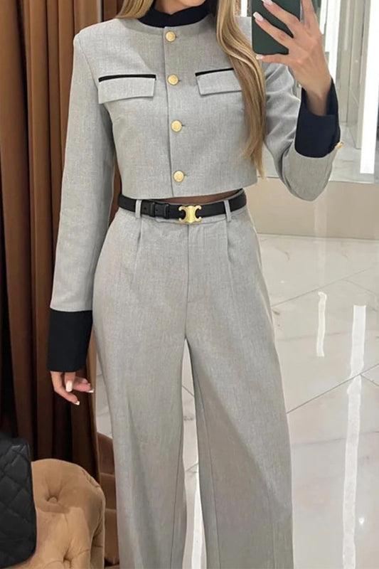 Estilo británico Elegante Color sólido Bolsillos Botones Sin cinturón Cuello redondo Manga larga Dos piezas (Sin cinturón)