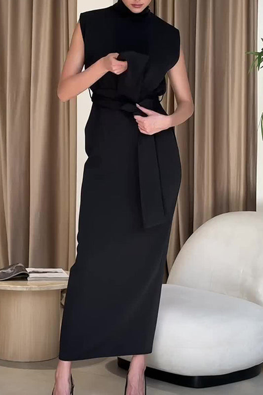 Vestidos elegantes de falda de un solo paso con cuello alto y abertura sólida con cinturón