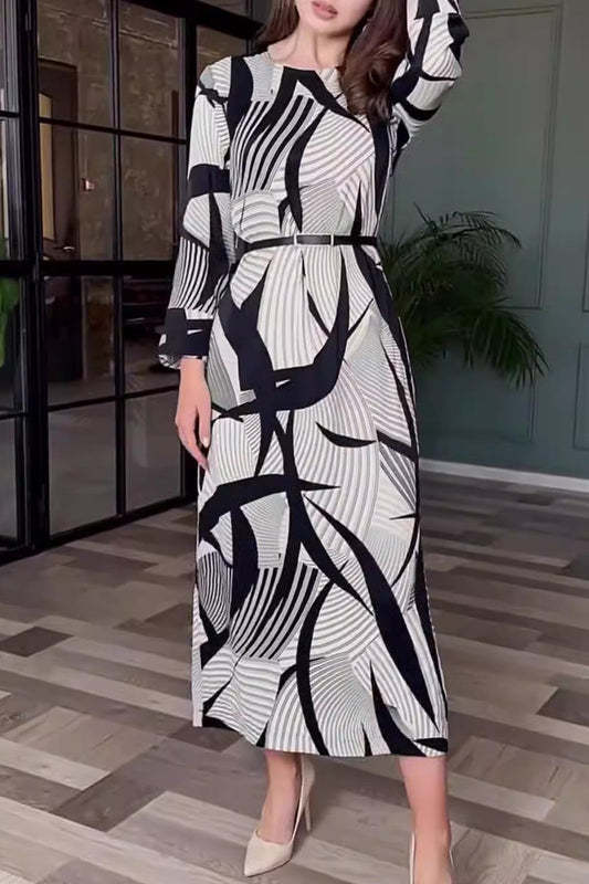 Vestidos elegantes con estampado de rayas, cinturón, cremallera, cuello redondo y corte en A