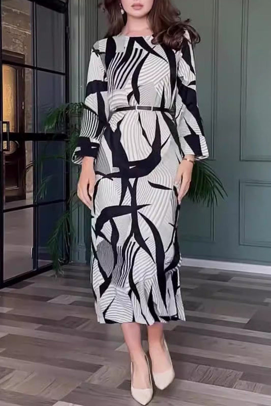 Vestidos elegantes con estampado de rayas, cinturón, cremallera, cuello redondo y corte en A
