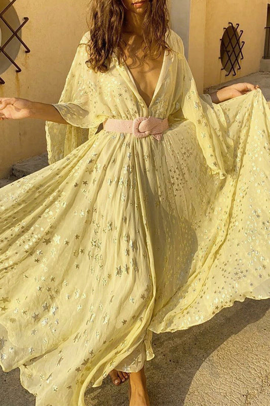 Vestidos Elegantes de Vacaciones con Estrellas, Parches Bronceados y Cuello en V (Sin Cinturón)