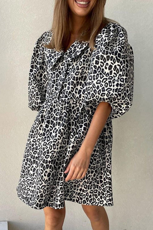 Vestido Estampado de Leopardo Vintage Casual con Cinturón Sin Cinturón Cuello Vuelto Vestidos