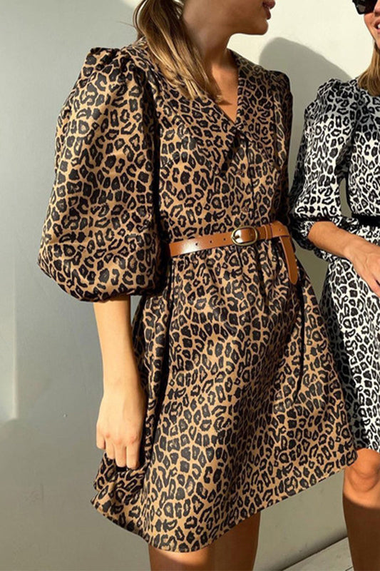 Vestido Estampado de Leopardo Vintage Casual con Cinturón Sin Cinturón Cuello Vuelto Vestidos