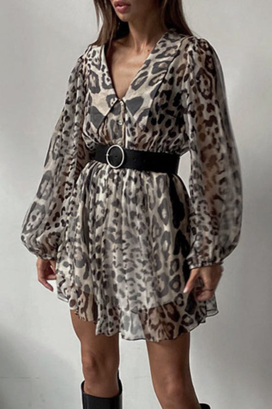 Vestidos vintage elegantes de línea A con cuello vuelto, estampado de leopardo y cinturón