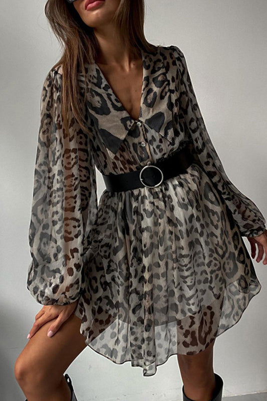 Vestidos vintage elegantes de línea A con cuello vuelto, estampado de leopardo y cinturón