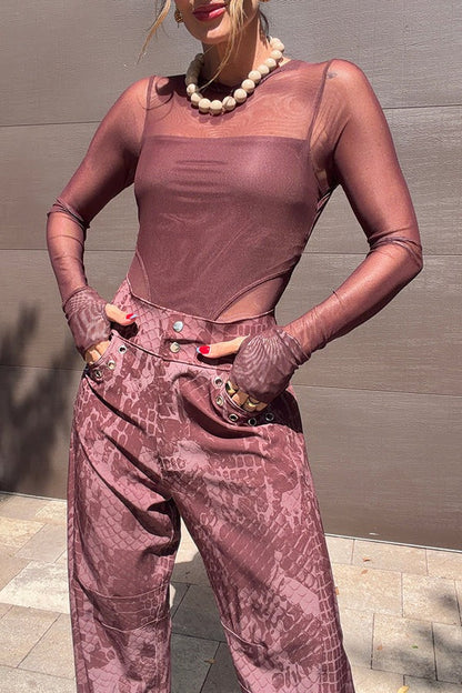 Free Moment Mesh Crew Neck Long Sleeve Stretch Bodysuit