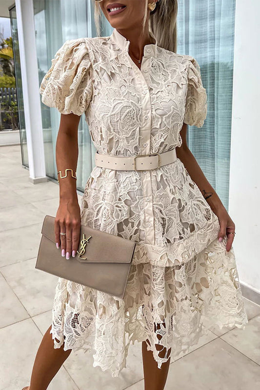 Vestidos Elegantes con Botones Sólidos Calados con Cinturón y Cuello Vuelto Línea A
