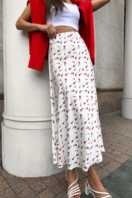 Pantalones con estampado completo tipo A de cintura alta y elegante estampado de frutas