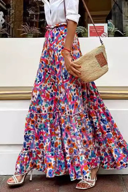 Elegante Estampado Geométrico Volante Contraste Suelto Cintura Alta Tipo A Pantalones Largos con Retazos