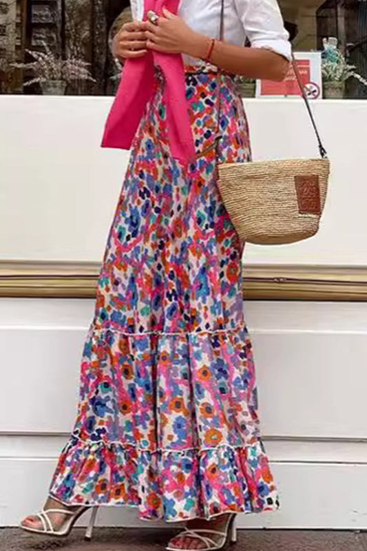Elegante Estampado Geométrico Volante Contraste Suelto Cintura Alta Tipo A Pantalones Largos con Retazos