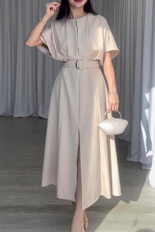 Vestidos elegantes de línea A con cuello redondo y pliegue sólido con cinturón
