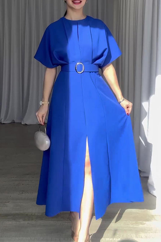 Vestidos elegantes de línea A con cuello redondo y pliegue sólido con cinturón