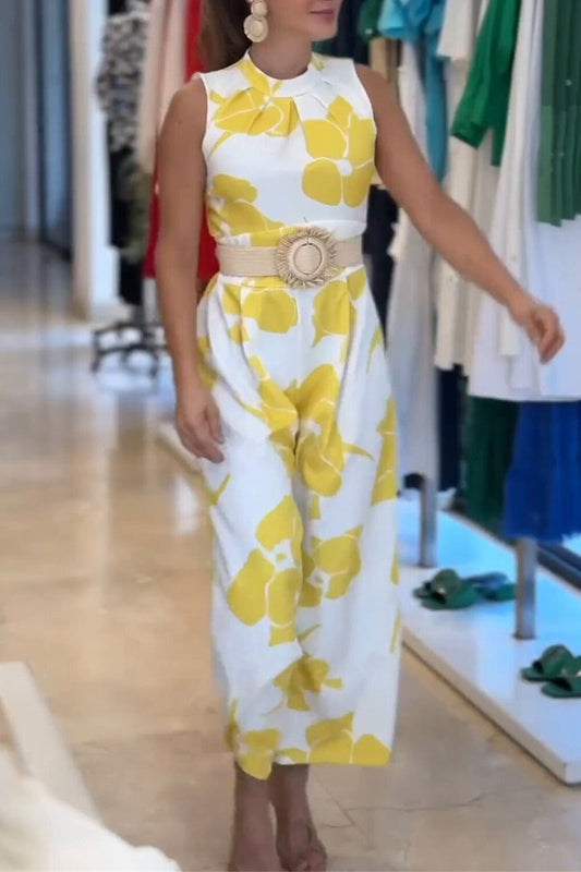 Monos Holgados con Estampado Floral y Retazos sin Cinturón, Cuello Redondo (Sin Cinturón)