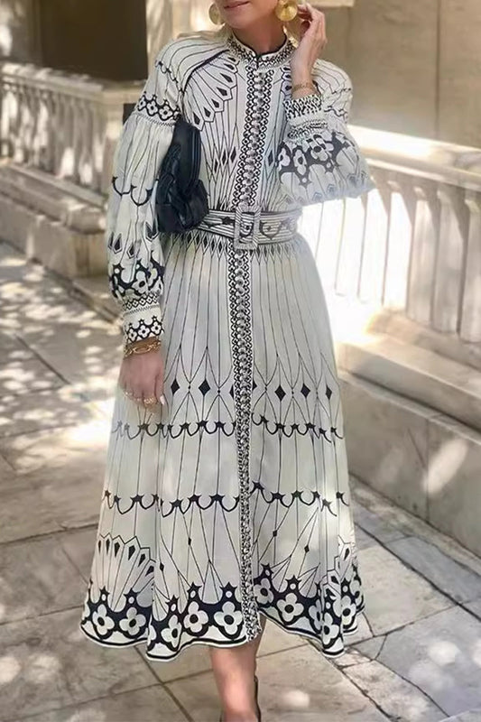 Vestidos Con Cinturón Y Estampado Rayado Elegante De Cuello Medio De Línea A