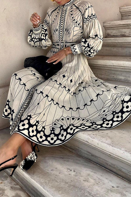 Vestidos Con Cinturón Y Estampado Rayado Elegante De Cuello Medio De Línea A