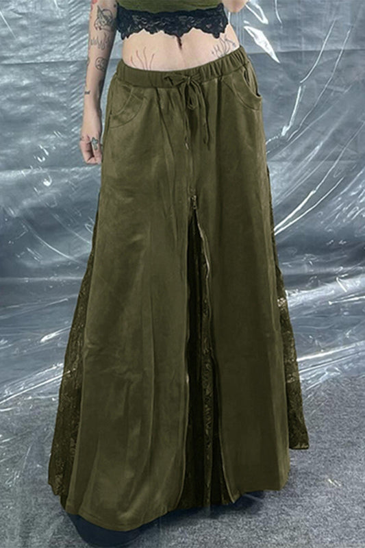 Parte de abajo estilo pachtwork con cremallera y cintura alta suelta de encaje sólido elegante vintage