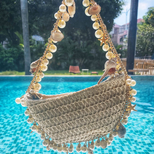 Bolsos de patchwork de perlas tejidos para vacaciones informales