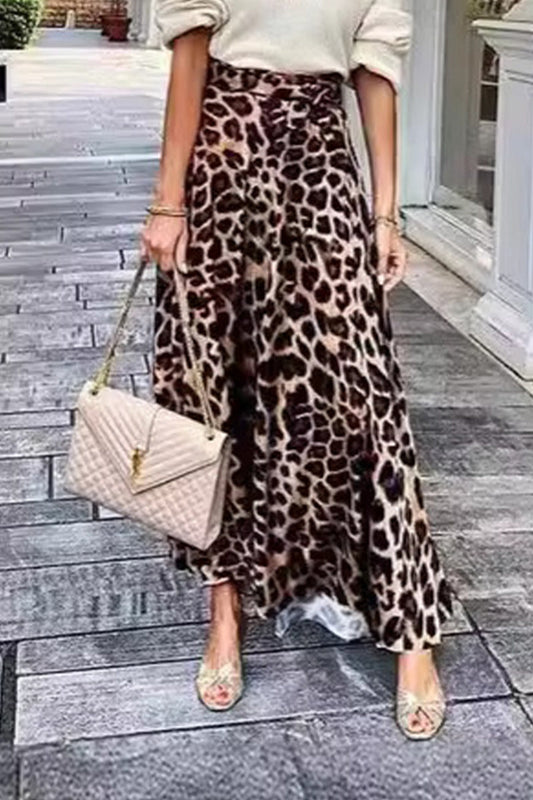 Pantalones con estampado de leopardo sueltos, vintage, elegantes, de tiro alto, tipo A, con estampado completo