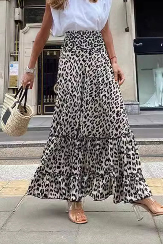 Falda con vuelo de leopardo elegante con estampado universitario, holgada, de cintura alta, tipo A, estampado completo