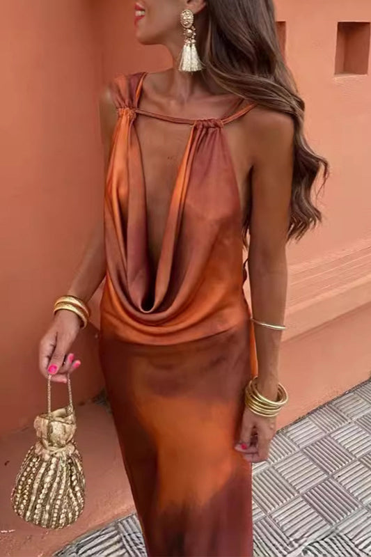 Vestidos con falda de un paso con cuello de bufanda en contraste con estampado degradado sexy