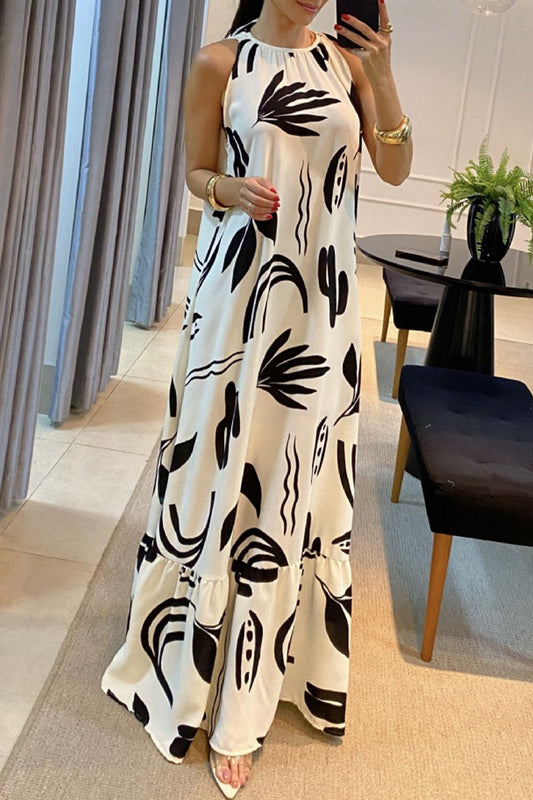 Elegantes vestidos estampados con cuello redondo y estampado geométrico sin cinturón