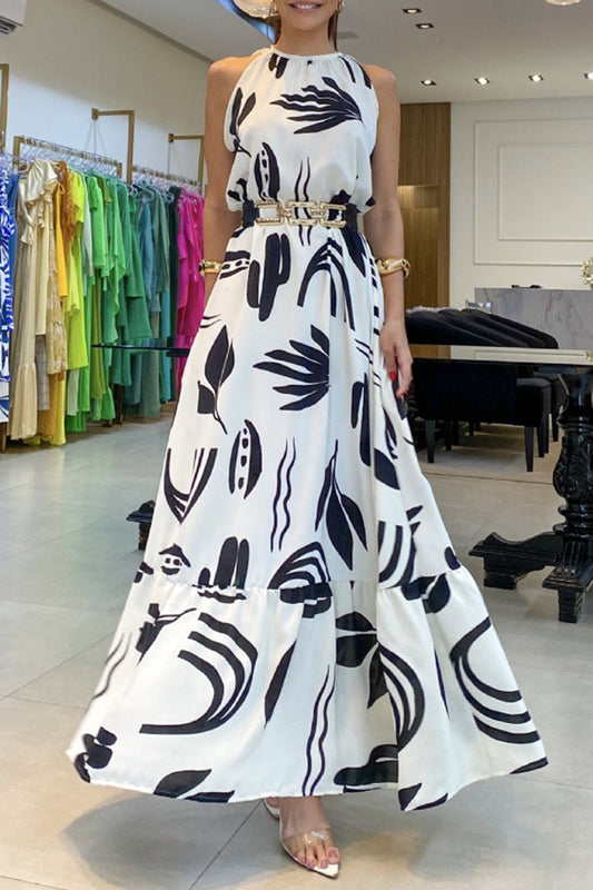 Elegantes vestidos estampados con cuello redondo y estampado geométrico sin cinturón