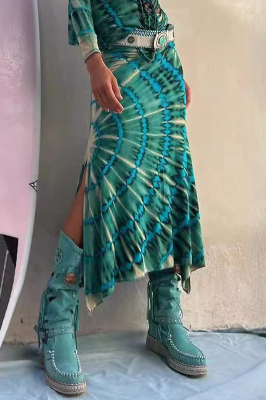Pantalones Largos Informales de Universidad con Estampado Tie Dye, Abertura, Sueltos, de Cintura Alta, Tipo A, con Estampado Completo