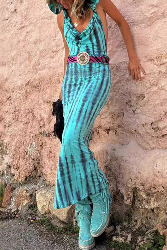Vestidos casuales de falda de un solo paso con estampado geométrico bohemio sin espalda y con cuello con capucha (sin cinturón)