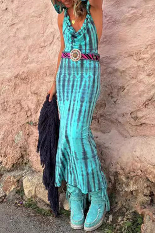 Vestidos casuales de falda de un solo paso con estampado geométrico bohemio sin espalda y con cuello con capucha (sin cinturón)