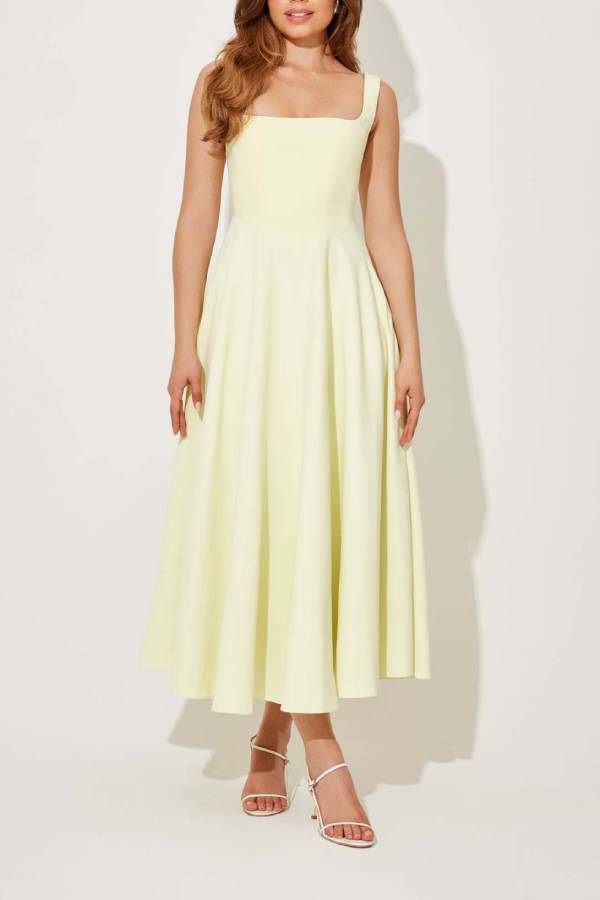 Multi-Color Square-Neck Fit-and-Flare Midi Dress