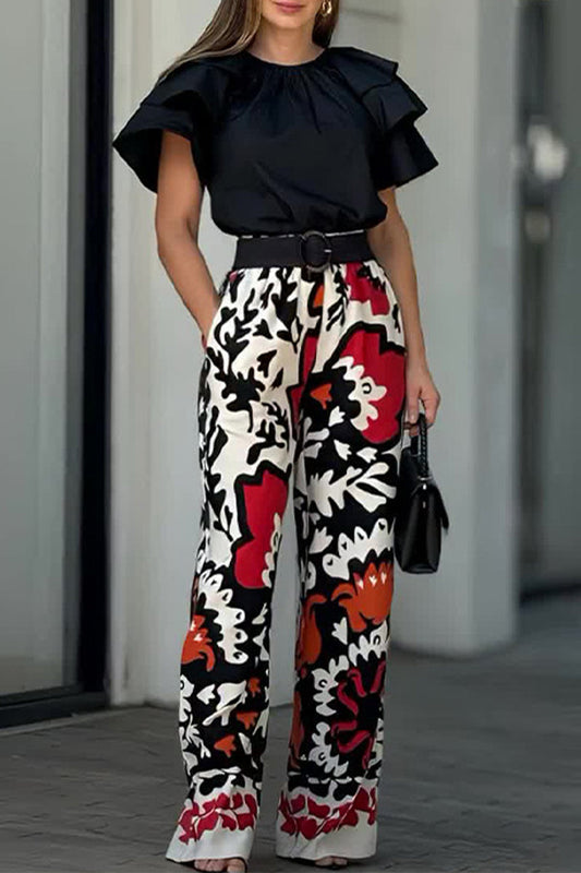 Conjunto Casual de Dos Piezas con Estampado Floral, Bolsillos, Volantes y Cuello Redondo sin Cinturón
