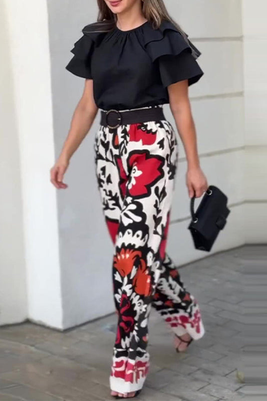 Conjunto Casual de Dos Piezas con Estampado Floral, Bolsillos, Volantes y Cuello Redondo sin Cinturón