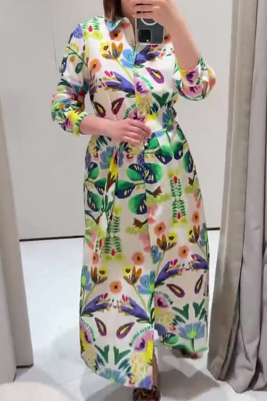 Vestidos Estampados con Cuello Vuelto, Estampado Floral Casual y Retazos con Cinturón
