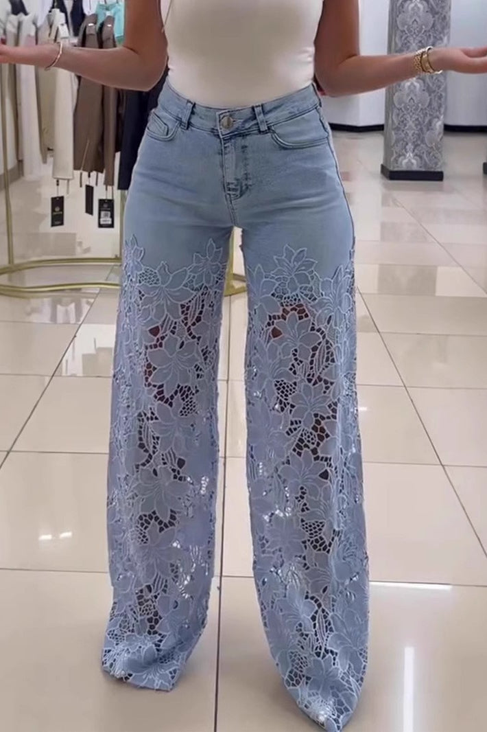 High Waist Lace Cutout Long Wide Leg Jeans