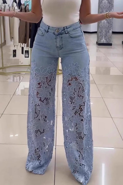 High Waist Lace Cutout Long Wide Leg Jeans