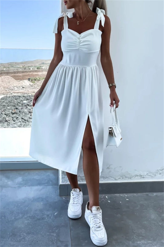Vestidos sin mangas con tirantes finos, estampado floral, escote en la espalda y abertura, unicolor informal (7 colores)