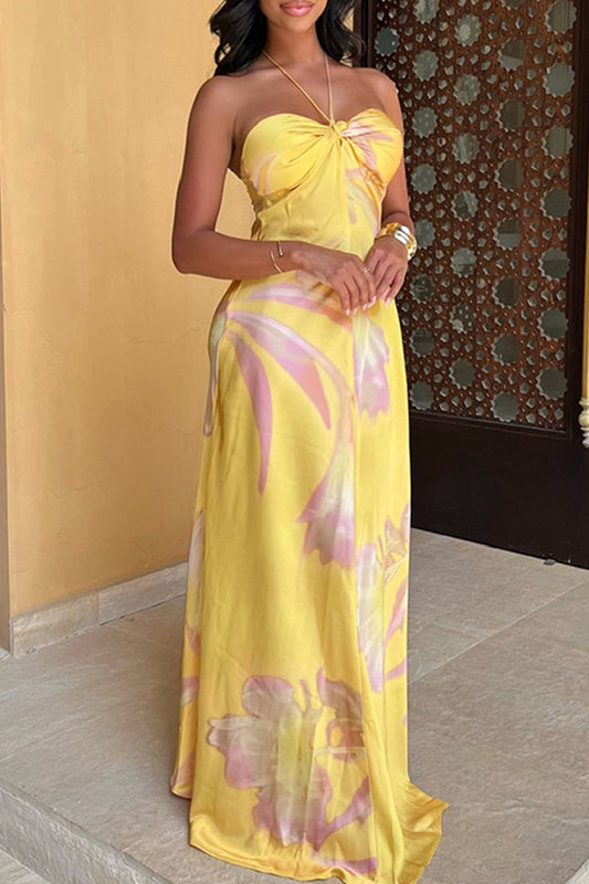 Vestidos Largos Halter Sin Espalda con Estampado Floral y Cinturón Sexy